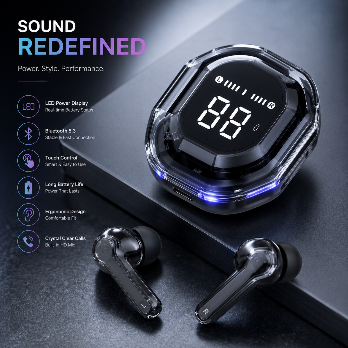 Wireless Earbuds Bluetooth 5.3 with LED Display